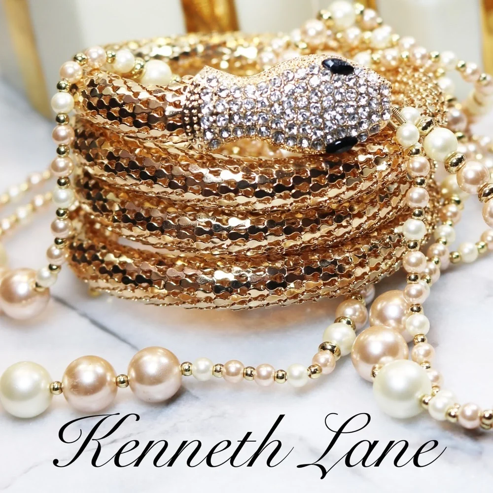 ⚜️ Kenneth Jay Lane Shimmering Gold Mesh and Clear Crystal Snake Wrap Bracelet - Picture 11 of 16